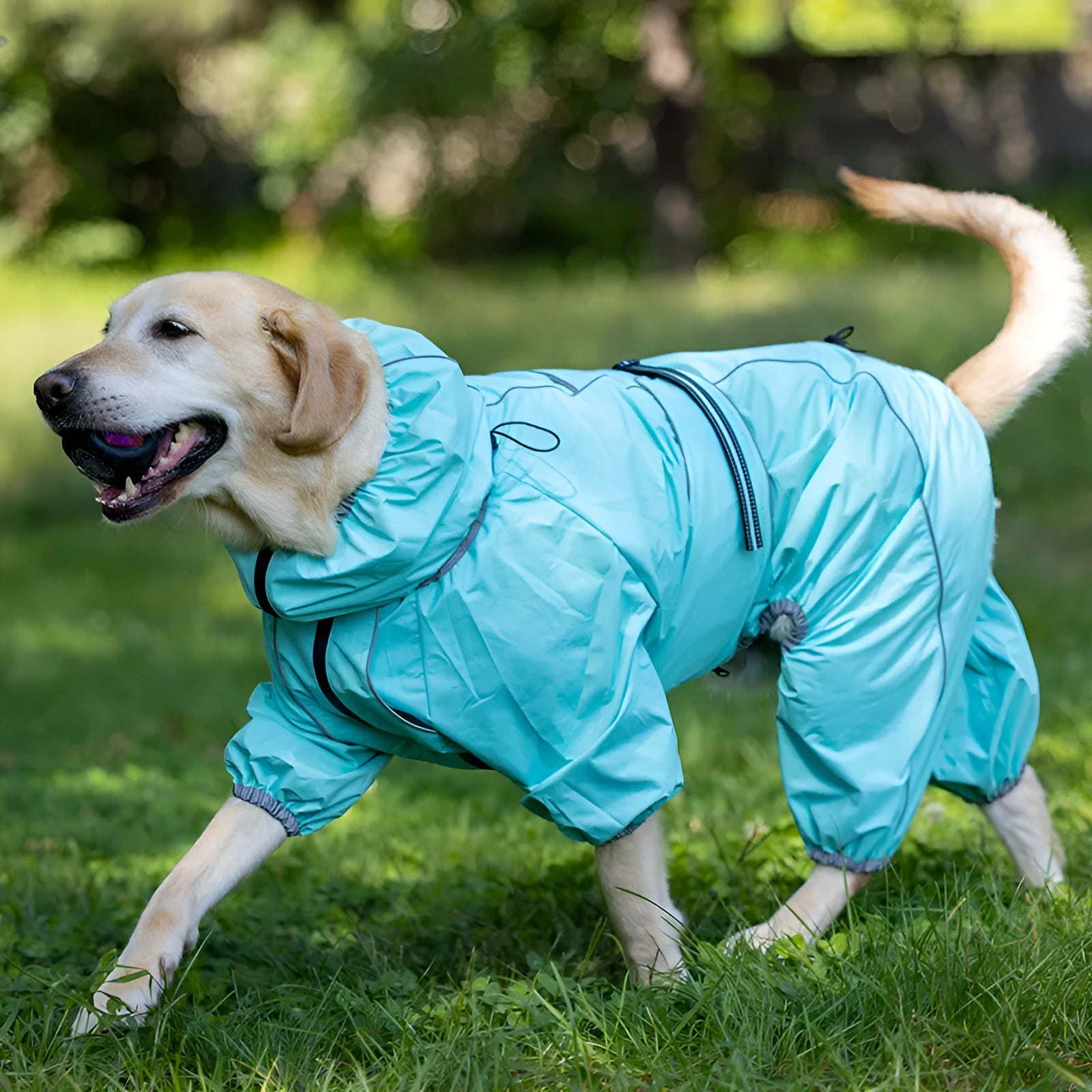 Red dog shell jacket with cotton padding, shown on a model dog.