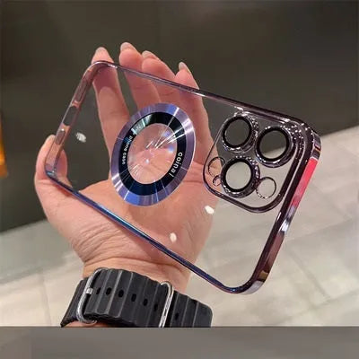 Magnetic suction PC phone case for iPhone with magnifier leakage label design, available in blue gold purple silver