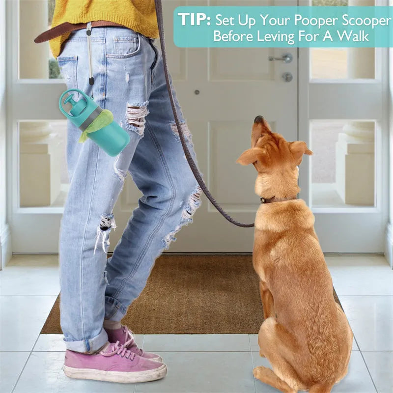 Blue portable dog pooper scooper with built-in bag dispenser and eight-claw shovel.