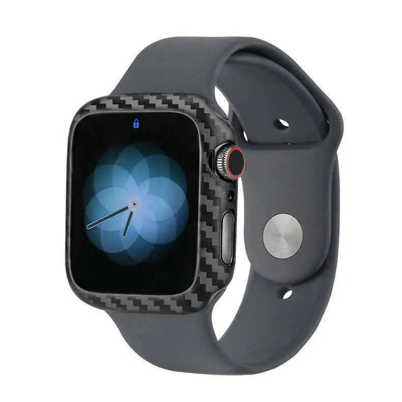 Carbon fibre and leather half-wrap case for Apple Watch Series 4 in 44mm size.