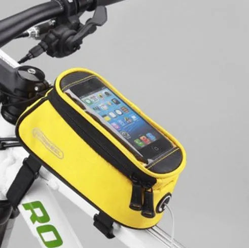 Waterproof PVC bicycle frame phone bag in black, mounted on bike with iPhone inside