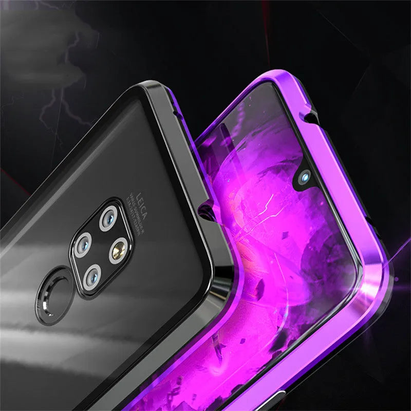 Black magnetic metal phone case with tempered glass back for Huawei P30 Pro showing precise port cuts.
