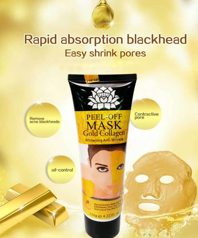 Gold Collagen Peel off Mask in a 120g container with mud formulation for anti-aging and acne treatment