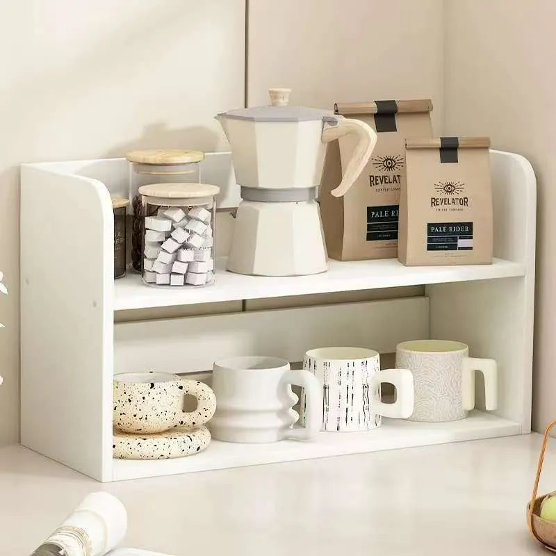 Desktop layered storage rack in PVC expansion sheet with wooden style, shown as a two-layer or three-layer rounded shelf tabletop organiser.