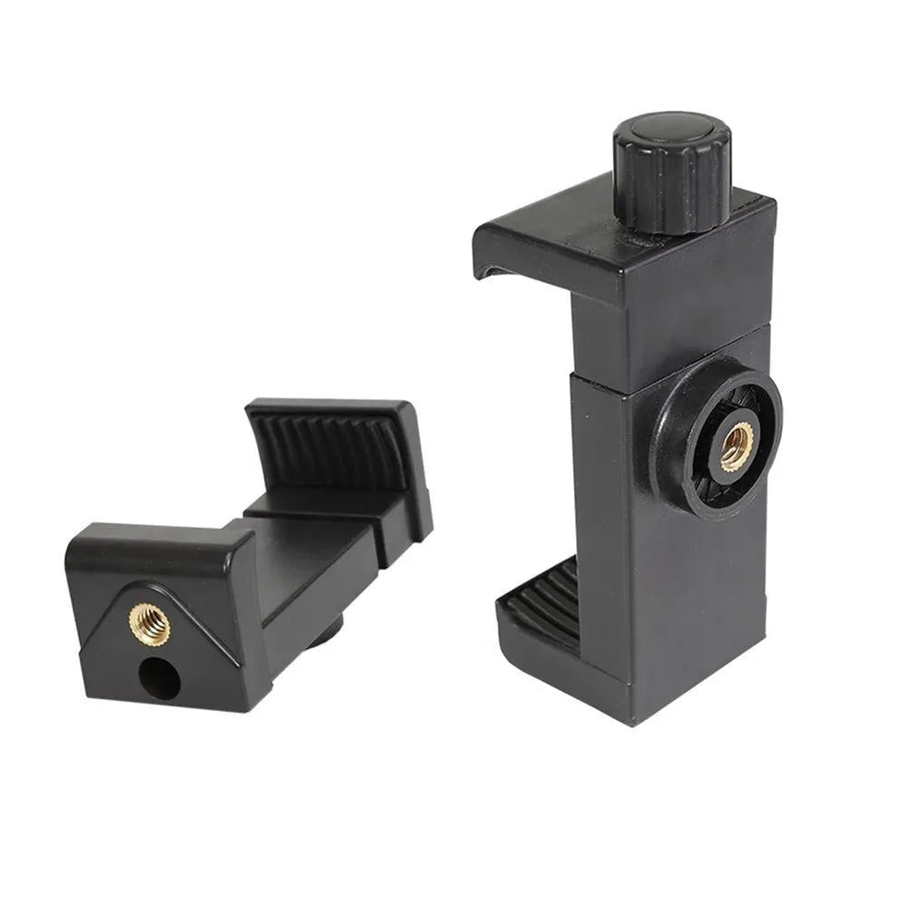 Head-mounted phone holder with screws showing adjustable angle and stretch nylon strap on a black background