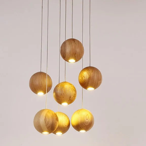 Nordic solid wood ball chandelier hanging lamp with adjustable cable