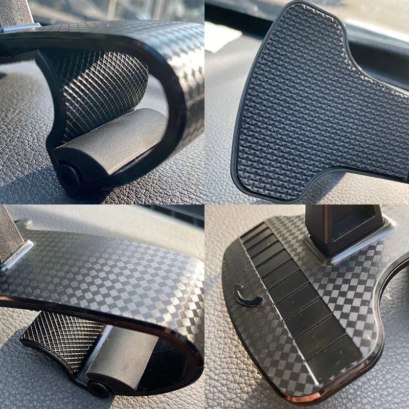 Black car phone mount with 360-degree rotating head and width-adjustable cradle