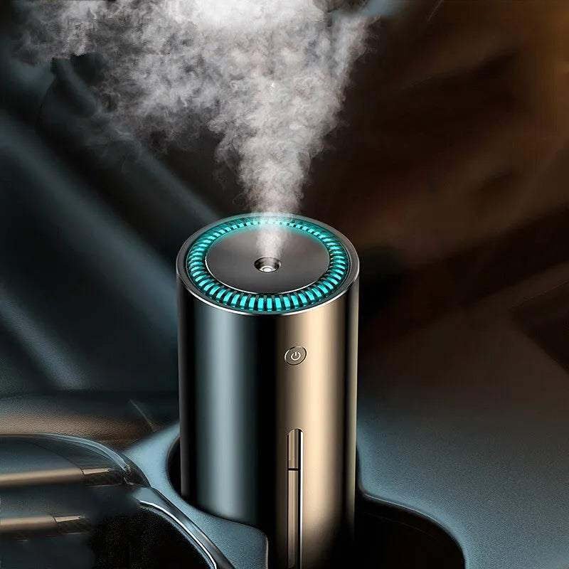Aluminium alloy car diffuser humidifier with air purification in black or dark grey.