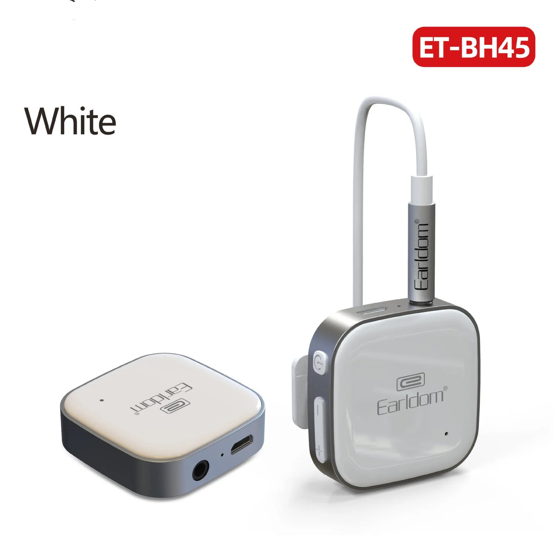 Black Bluetooth lavalier headset with earpiece and control unit, shown with packaging.
