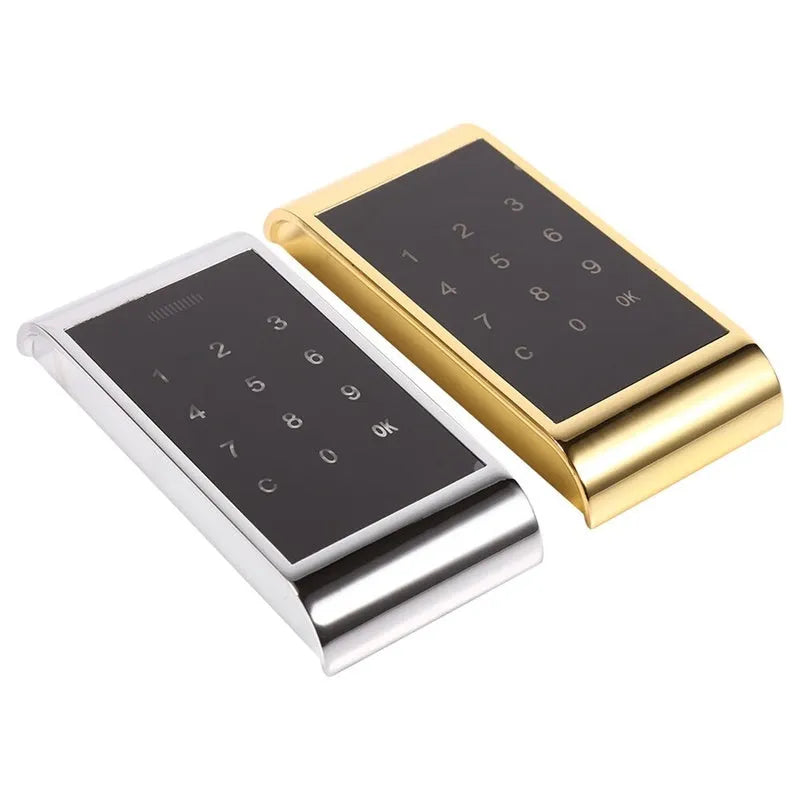 Silver and gold zinc alloy temporary deposit code lock showing compact dimensions and battery compartment