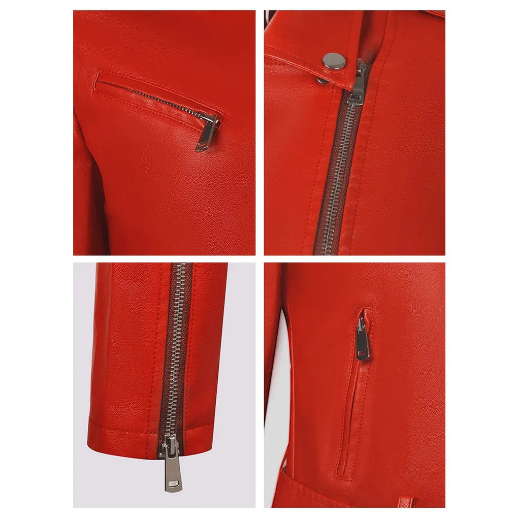 Women's black PU leather motorbike jacket with a lapel collar and waist belt.