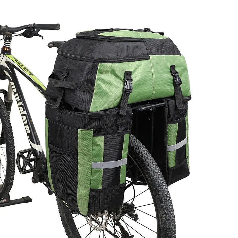 Rhinoceros brand three-in-one design 70L bicycle rear storage bag for touring, shown in available colours.