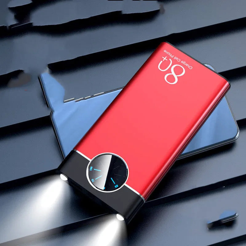 Black fast charging power bank with 20000mAh capacity showing LED flashlight and charging ports