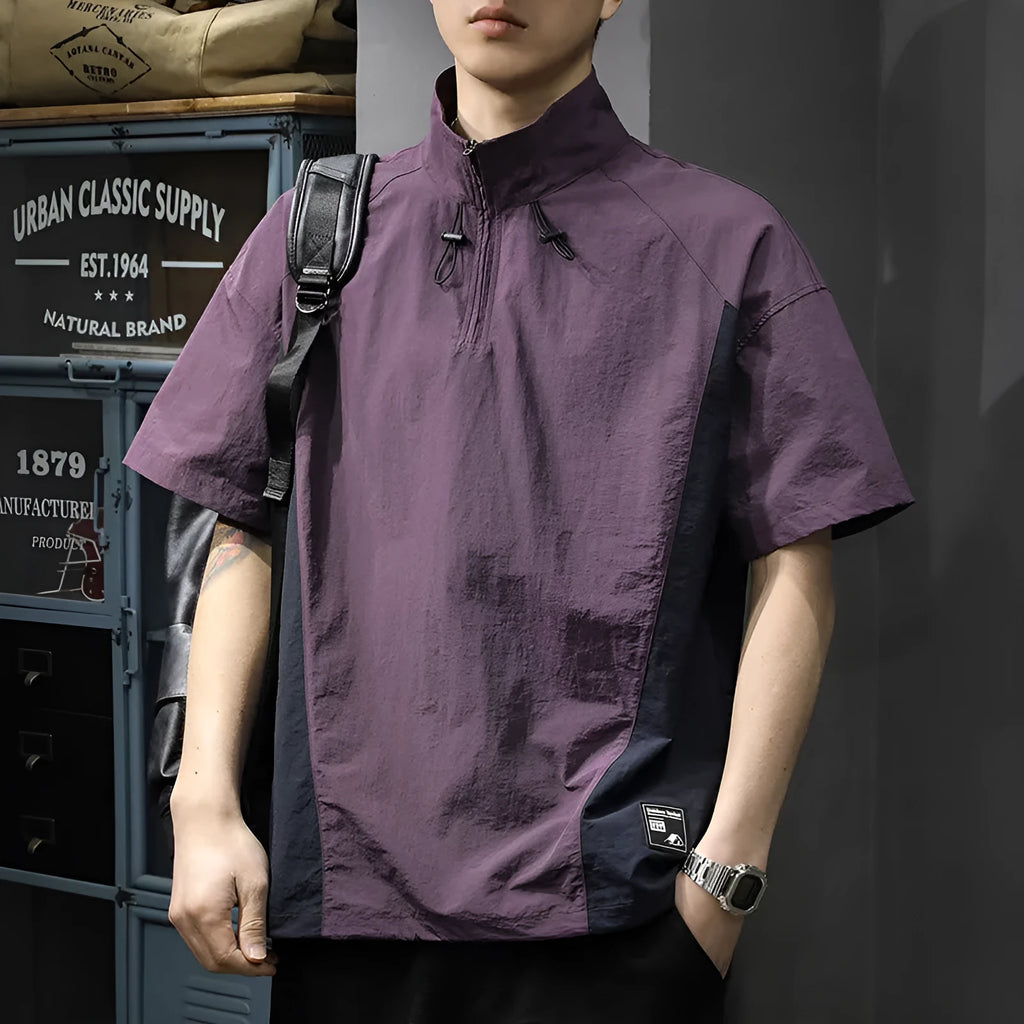 Brown men's half-zip stand collar short-sleeved T-shirt made from Ice Silk fabric.
