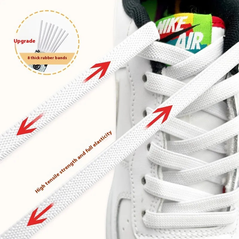Elastic no-tie shoelaces with flat buckle and press buttons in white, black, red and other colours, free size for adults and children