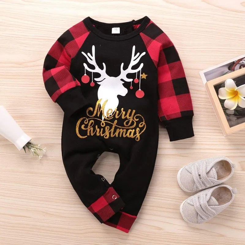Red plaid Christmas romper with elk design for baby, long sleeves, cotton fabric, available in sizes 70cm to 100cm
