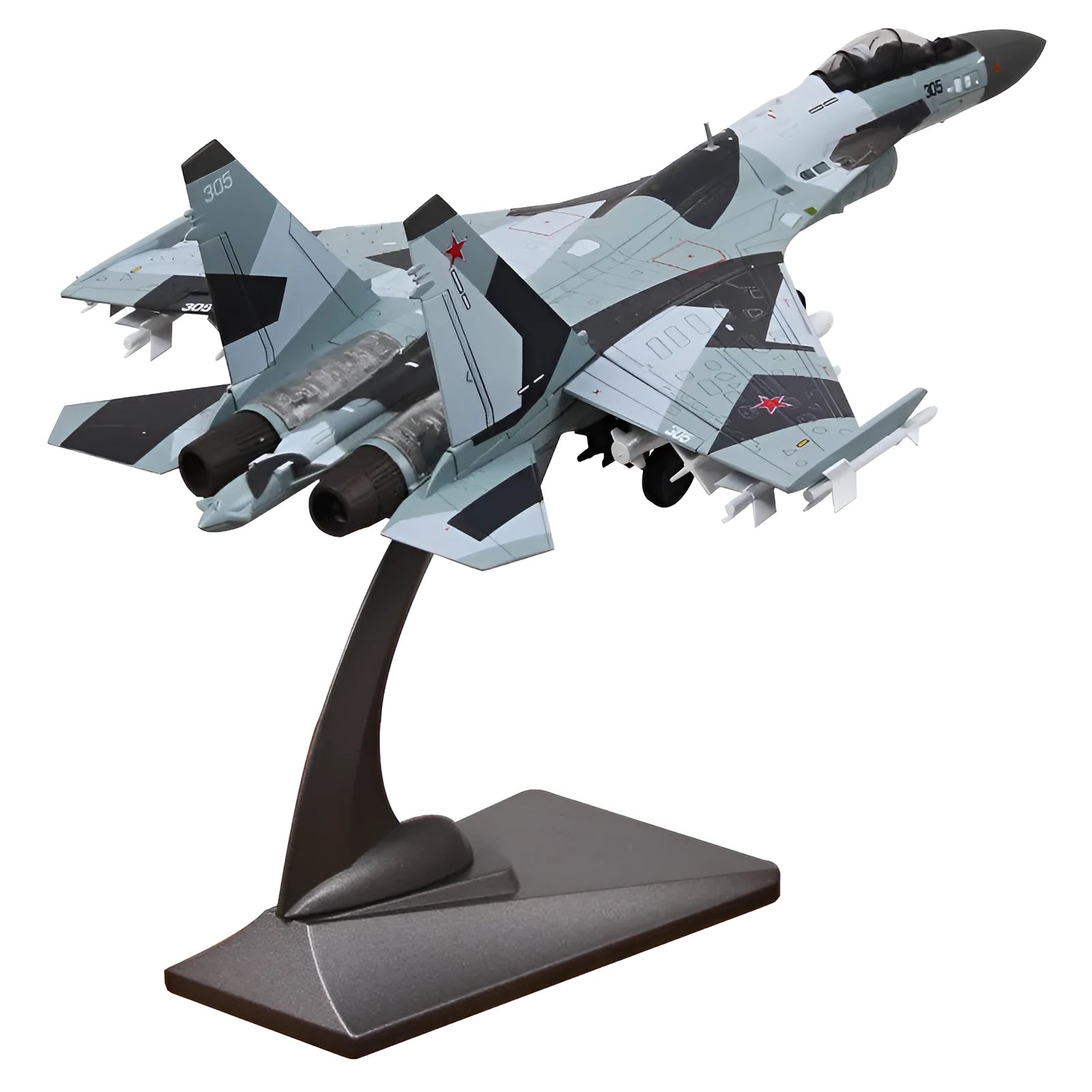 Su35 die-cast model in 1/72 scale with Russian camouflage paint finish on a white background