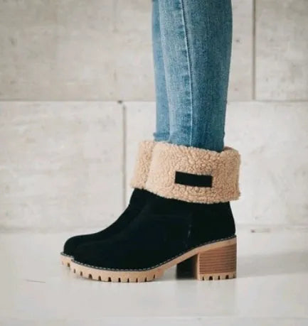 Women's mid-calf suede snow boots in khaki with a round toe and flat heel on a waterproof platform.