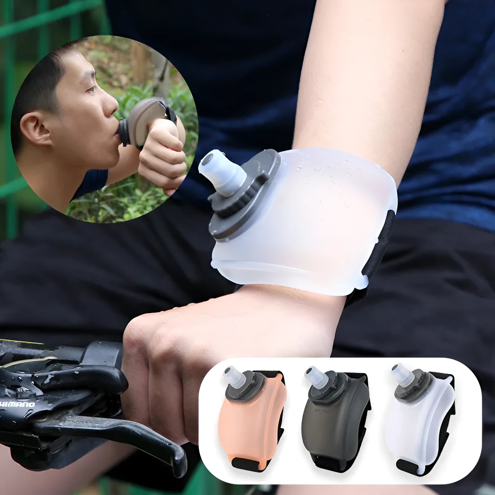 Orange wrist-mounted sports water bottle with Velcro strap showing bite-to-suck silicone mouth
