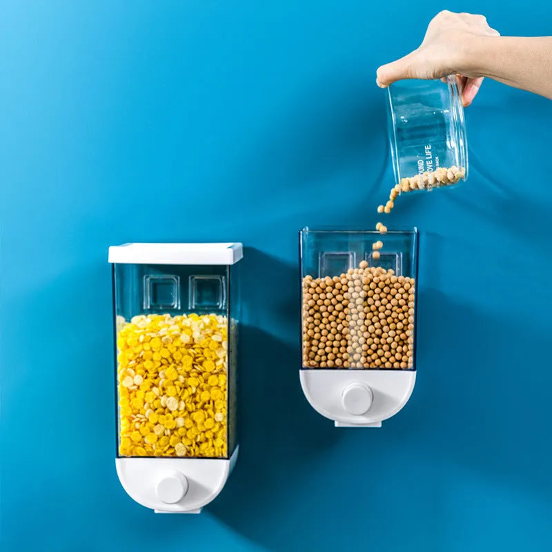 White transparent kitchen food storage container with easy-press cereal dispenser and wall mount