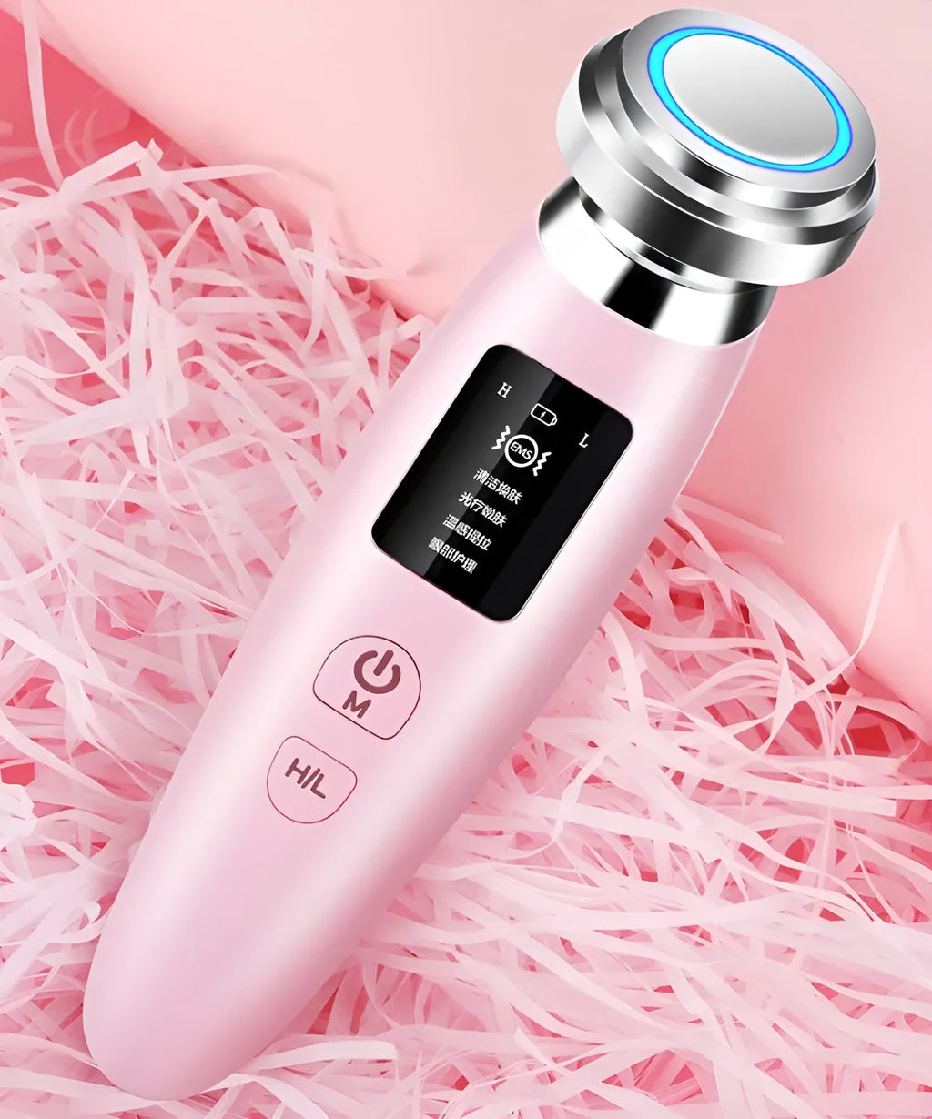 Pink cleansing and rejuvenating beauty instrument showing 185mm length with sonic vibration technology
