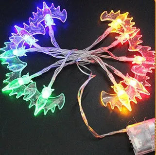 Halloween battery LED string lights with pumpkin, bat, and ghost pendants on a 1.2m waterproof string.