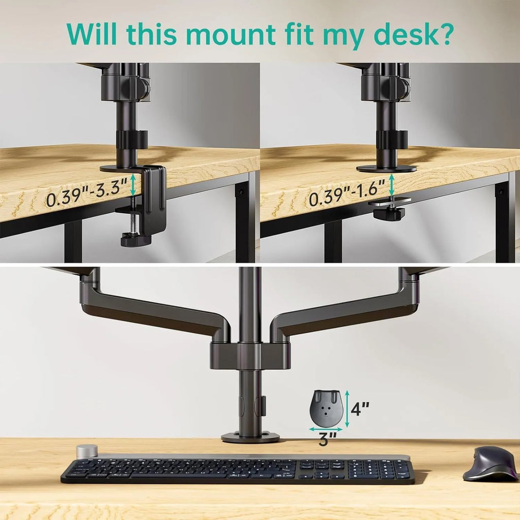 Black aluminium alloy three-arm gas spring monitor arm for 27-inch computer screens