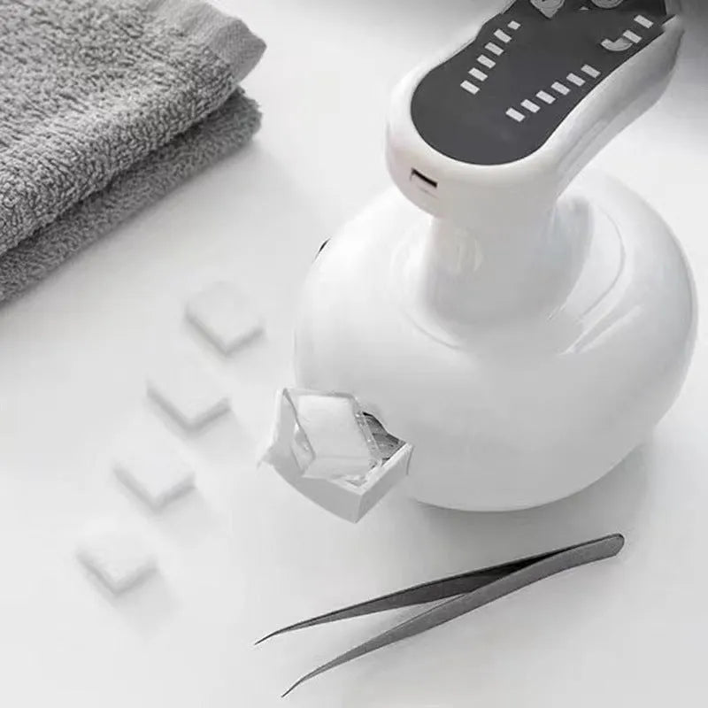 White automatic electric cupping scraper device with rechargeable battery and variable speed control, ABS body, English version