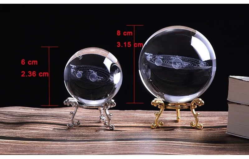 Solar system crystal ball in K9 crystal, 60mm to 100mm, with optional Pluto and base styles