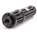 Black aluminium tactical flashlight with laser indicator showing tail switch and 168mm length