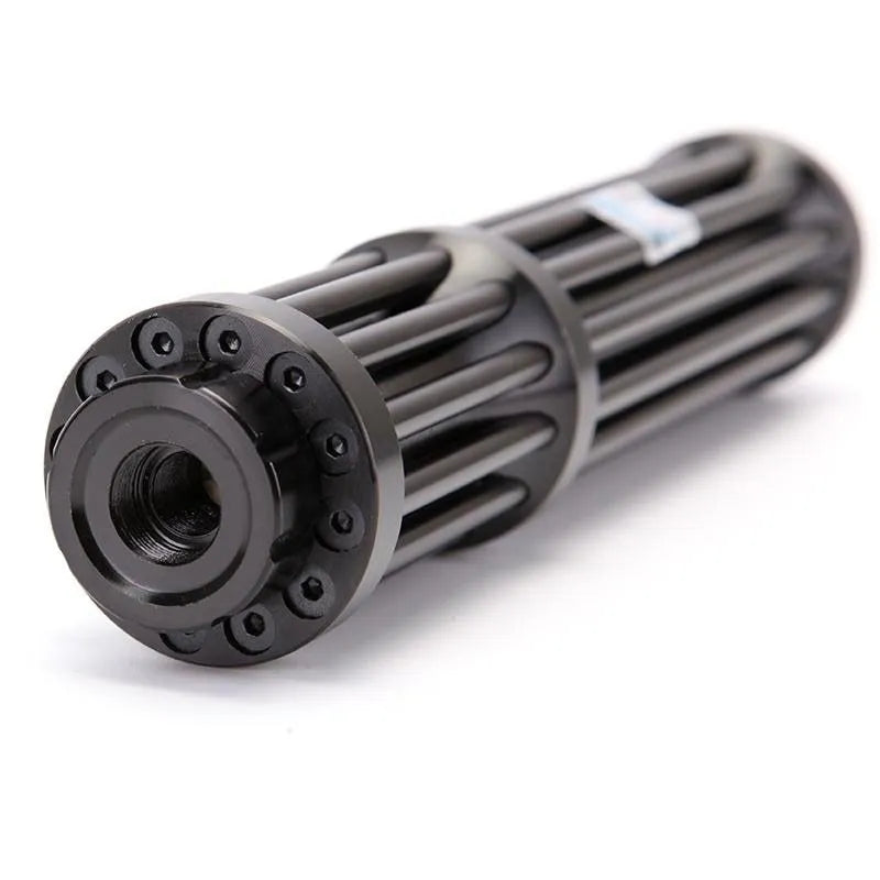 Black aluminium tactical flashlight with laser indicator showing tail switch and 168mm length
