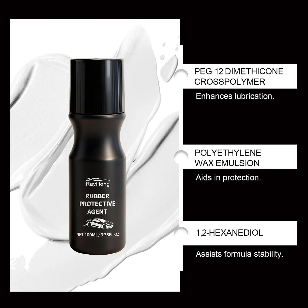 100ml automobile rubber lubricant bottle with water-based PEG-12 Dimethicone Crosspolymer and Polyethylene Wax Emulsion formula