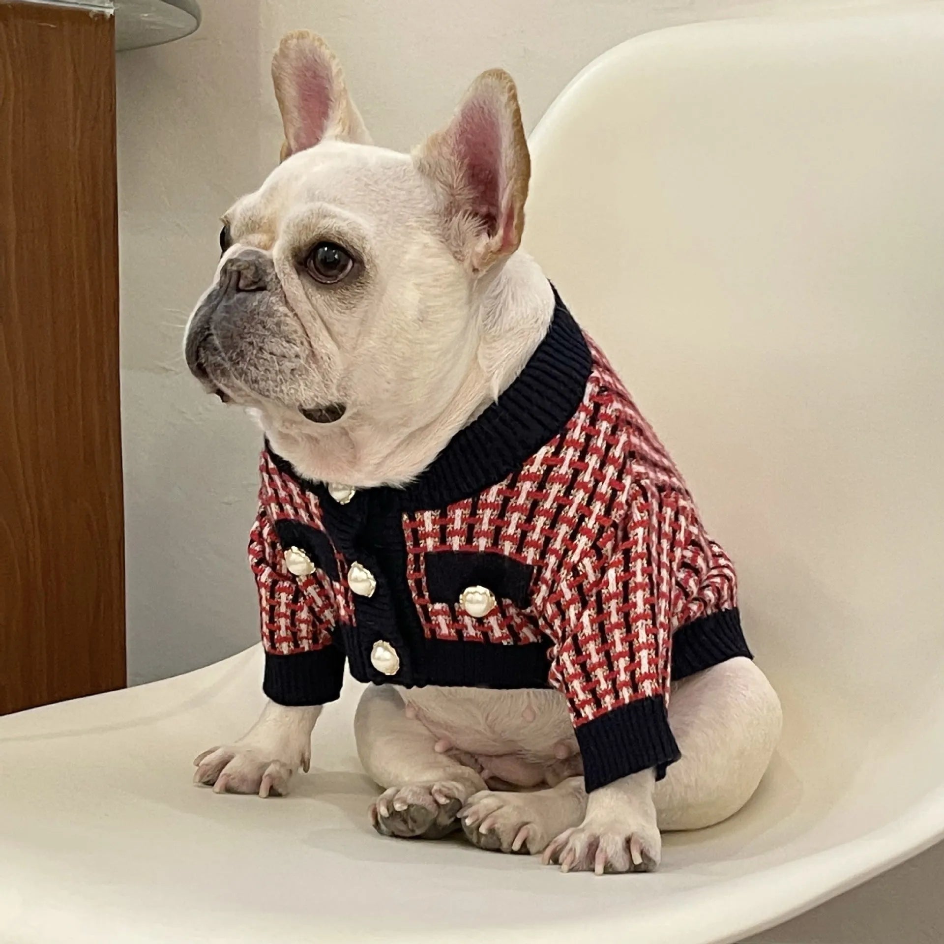 Red wool dog sweater with cute print for winter, available in sizes S to XXL