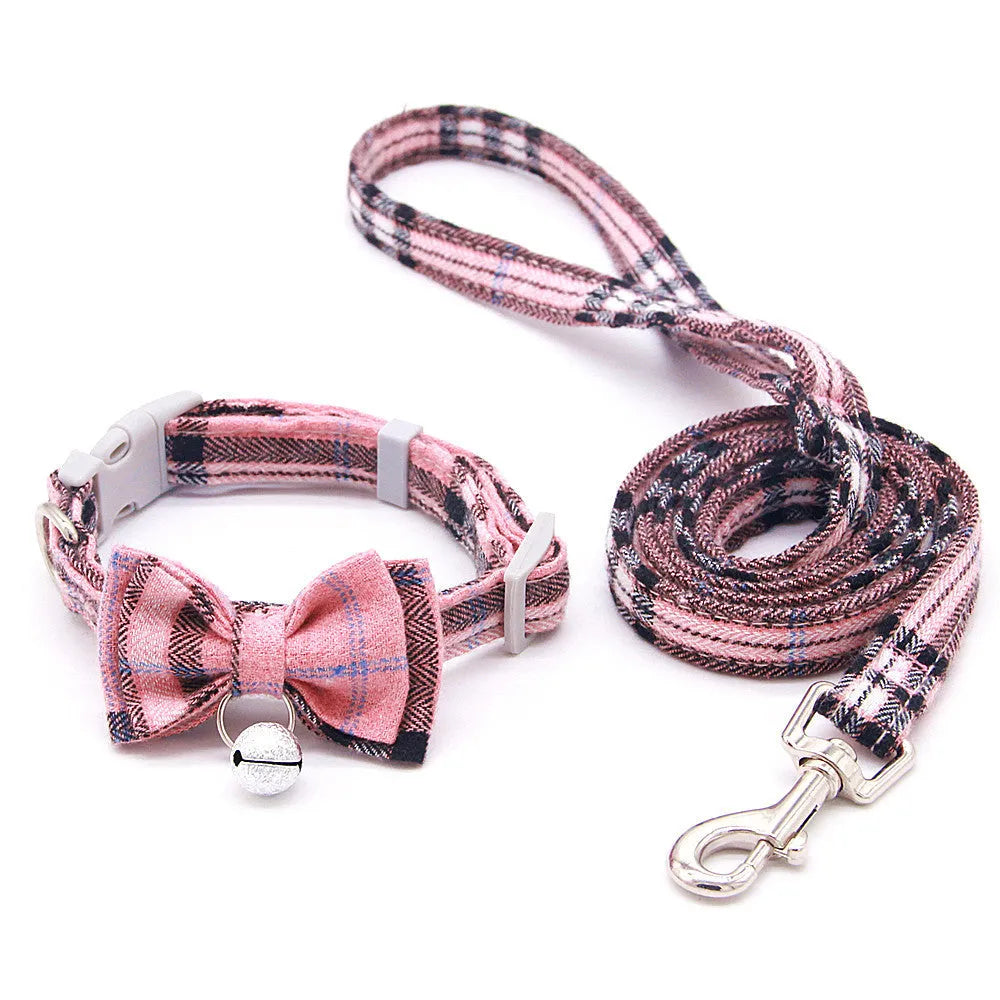 Plaid cotton cat bell collar with butterfly bow tie and optional hand holding rope in blue green orange pink red white S XS