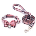 Plaid cotton cat bell collar with butterfly bow tie and optional hand holding rope in blue green orange pink red white S XS