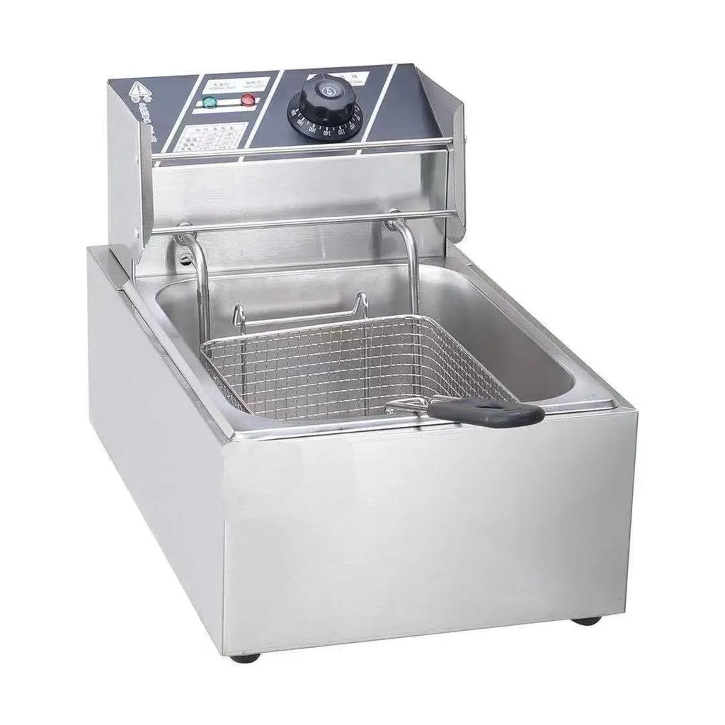 Commercial stainless steel deep frying pan with temperature control and two frying baskets