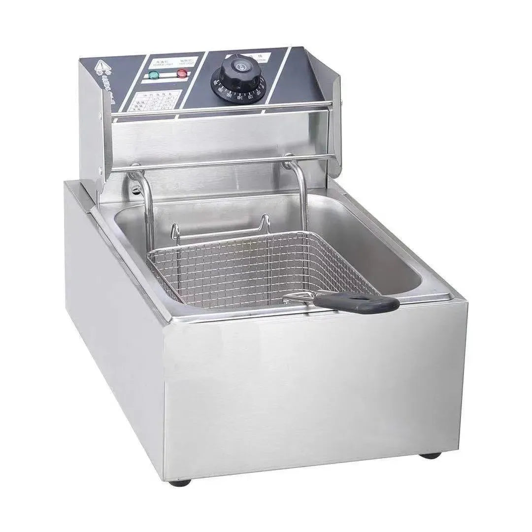 Commercial stainless steel deep frying pan with temperature control and two frying baskets