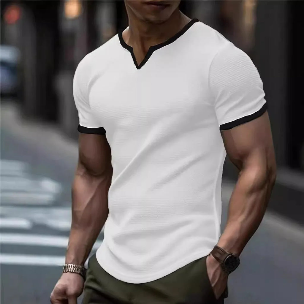 Colour-block V-neck outdoor sports T-shirt in waffle polyester fabric with short sleeves