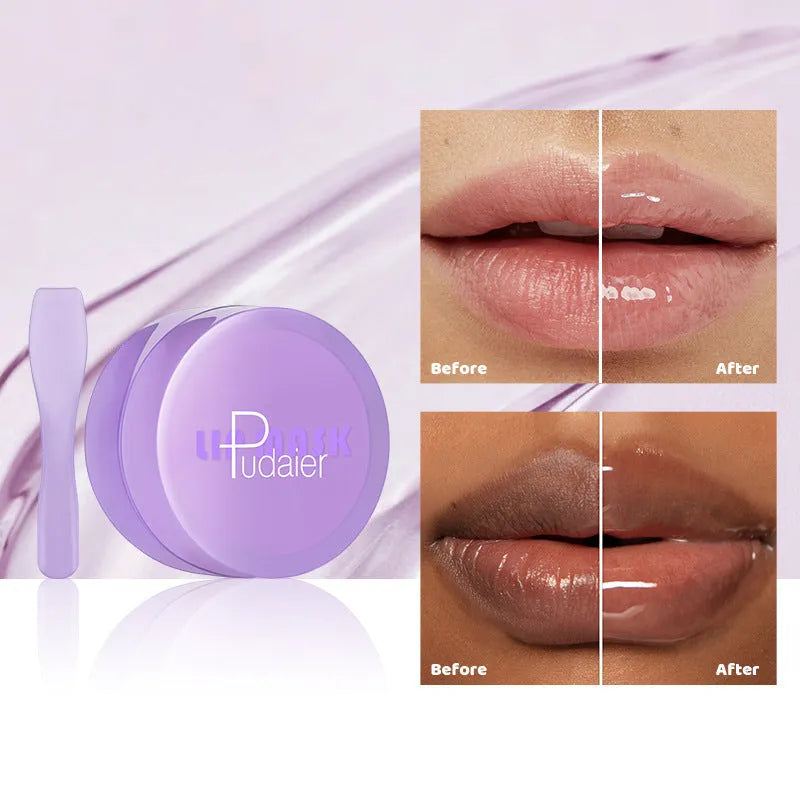 Box containing a 10ml exfoliating and moisturising lip balm with an application scraper
