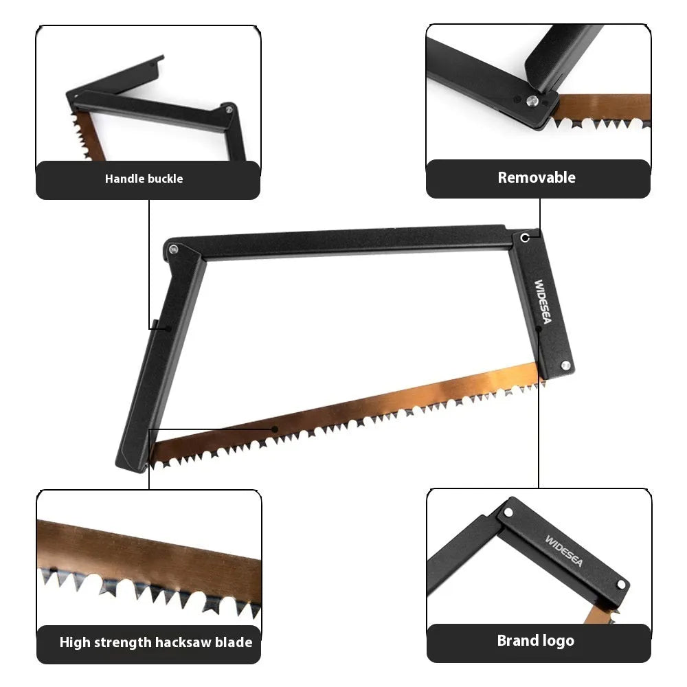 Black foldable outdoor survival saw with aluminium alloy frame and nylon handle.