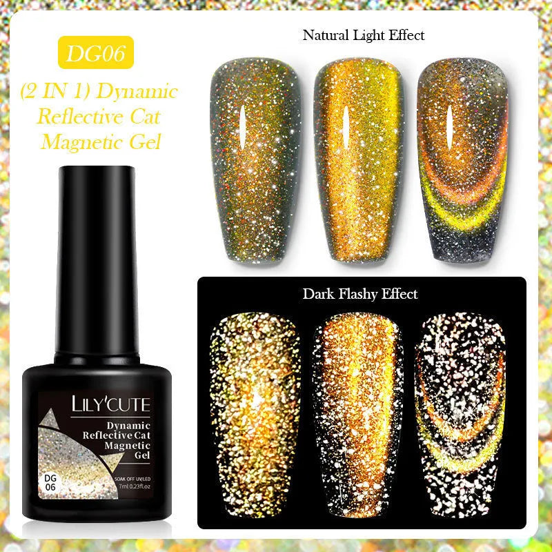 Cat Eye series UV nail polish gel bottle with diamond glitter fragments in six colour options including nail glue