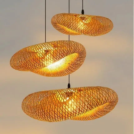 Bamboo straw hat-shaped hanging lamp with natural rattan shade measuring 50cm diameter