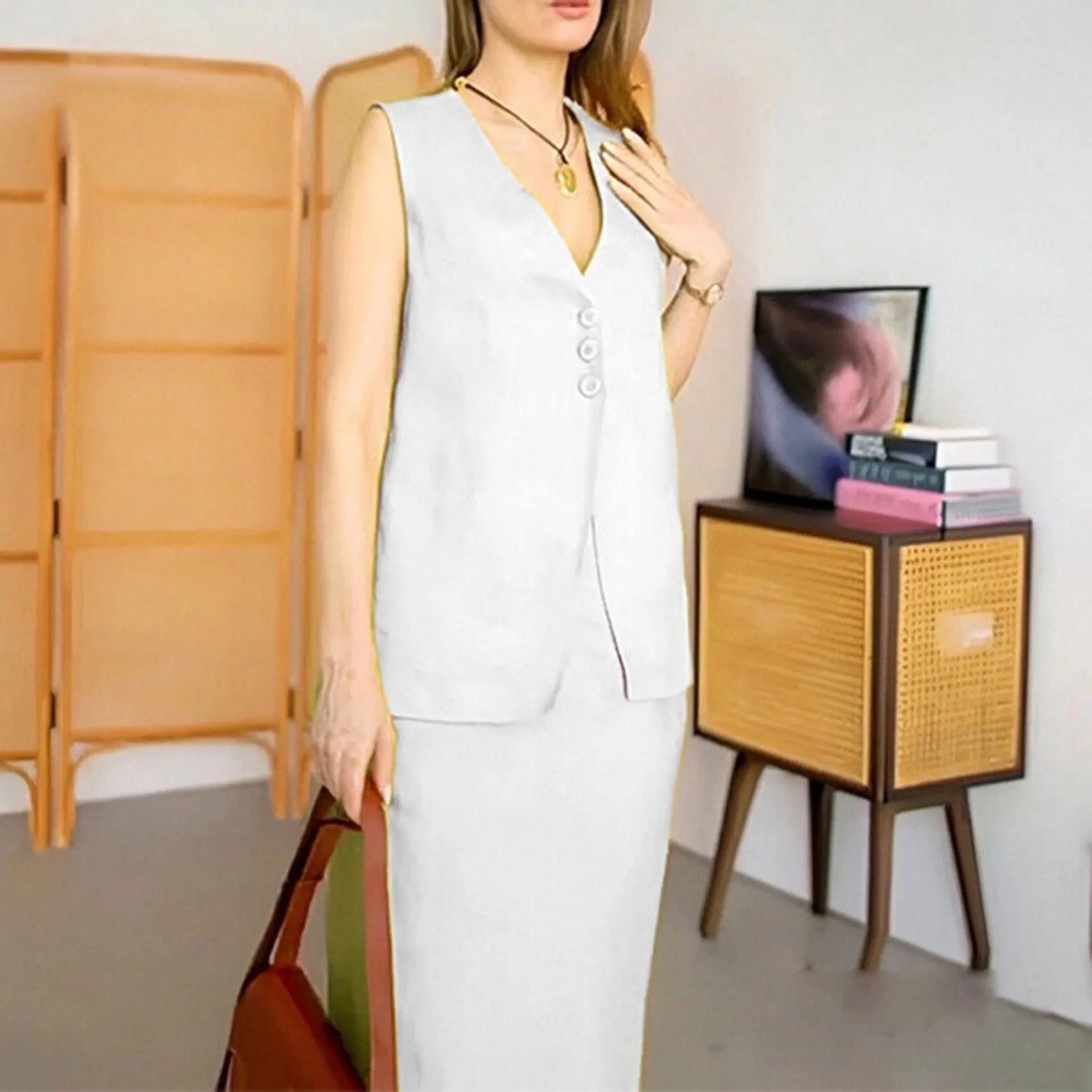 Blue casual sleeveless vest and long skirt two-piece set on a hanger.
