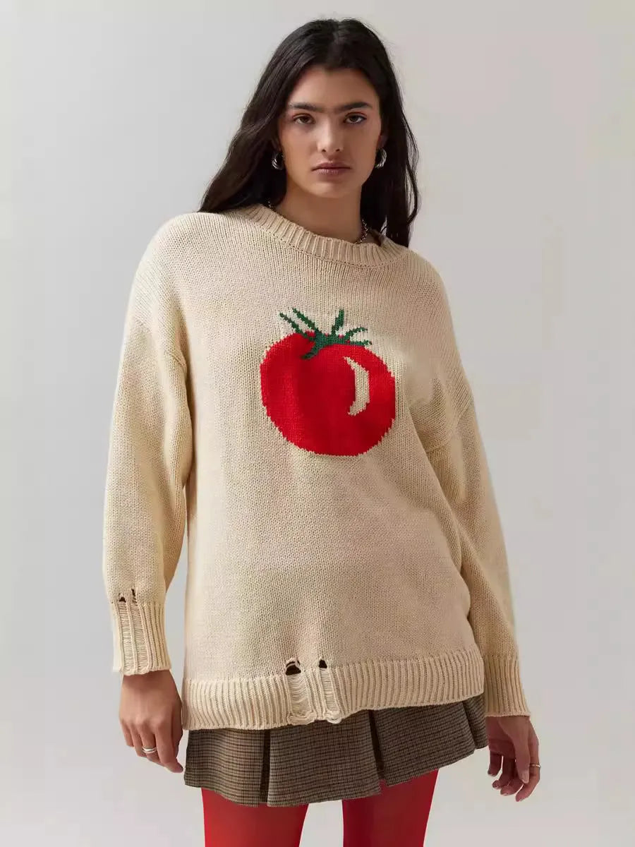 Women's beige acrylic jacquard loose-fitting pullover sweater with round neck and long sleeves.