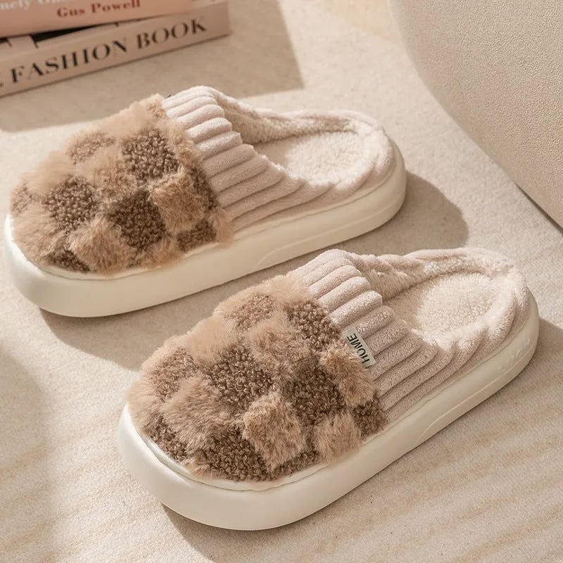 Women's plush indoor slippers in coffee colour with round toe and non-slip PVC sole.