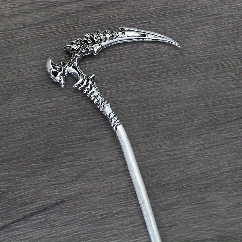 Nordic retro skull sickle hairpin in ancient silver with electroplated finish, geometric shape for women