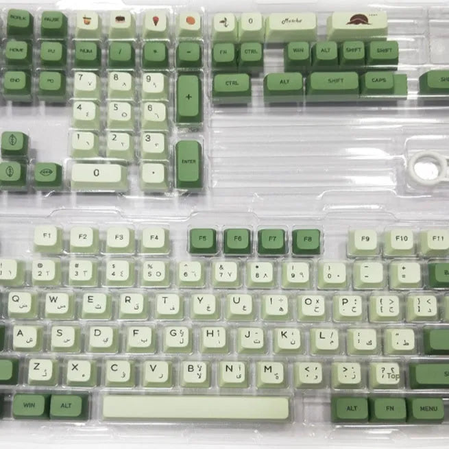 Set of 124 matcha green PBT keycaps with white legends for a mechanical keyboard
