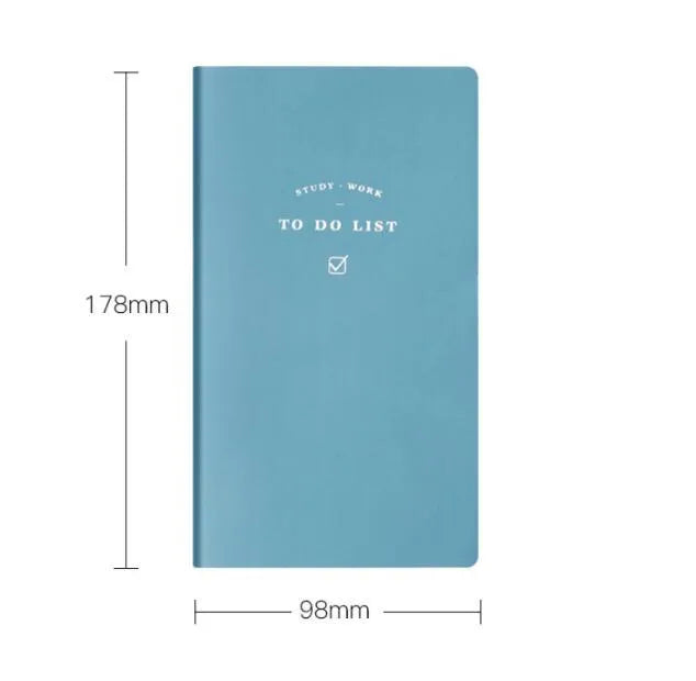 Portable todo list notebook with soft PU cover in four colour options showing compact 98x178mm size