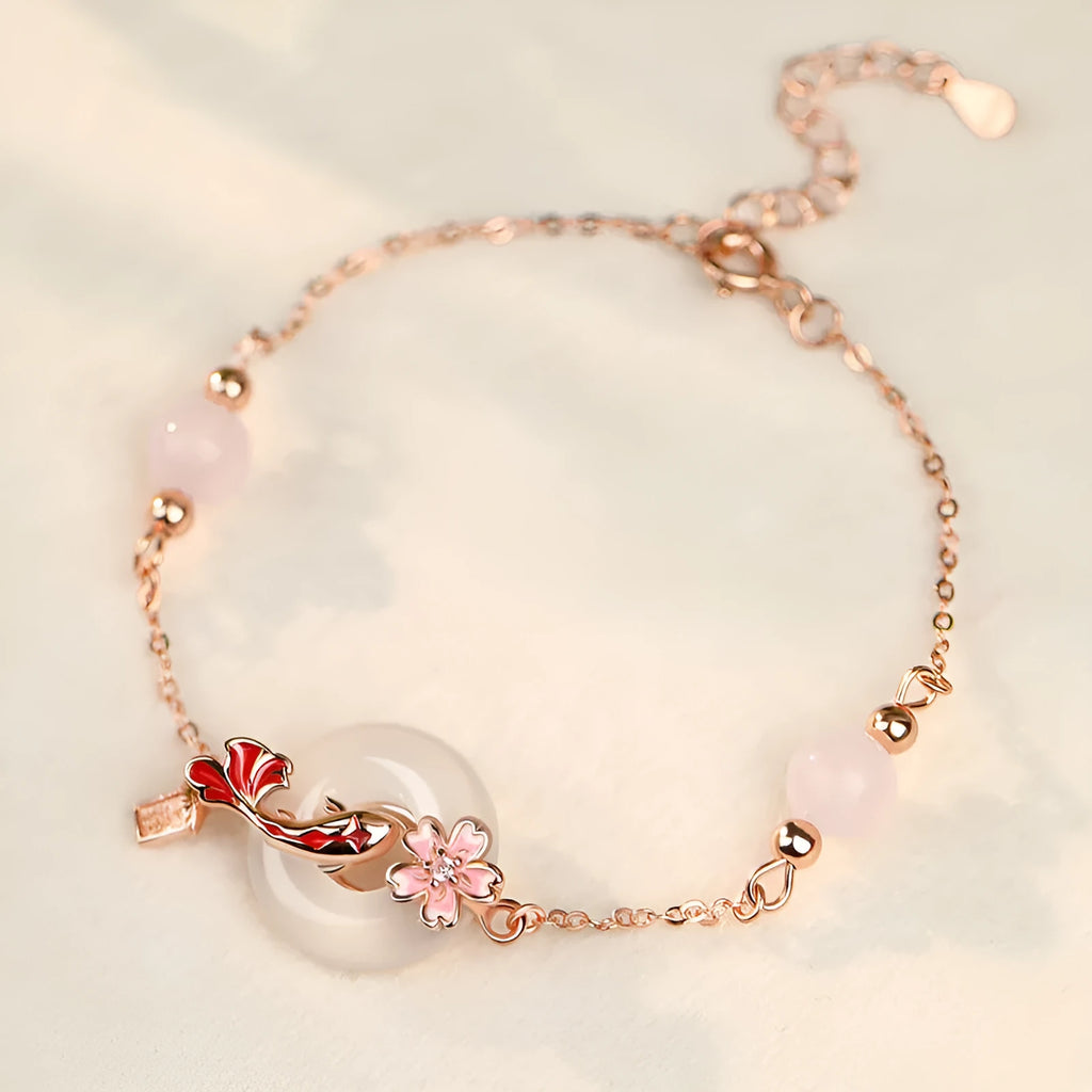 S925 sterling silver new Chinese style bracelet with floral design, white chalcedony crystals and koi details