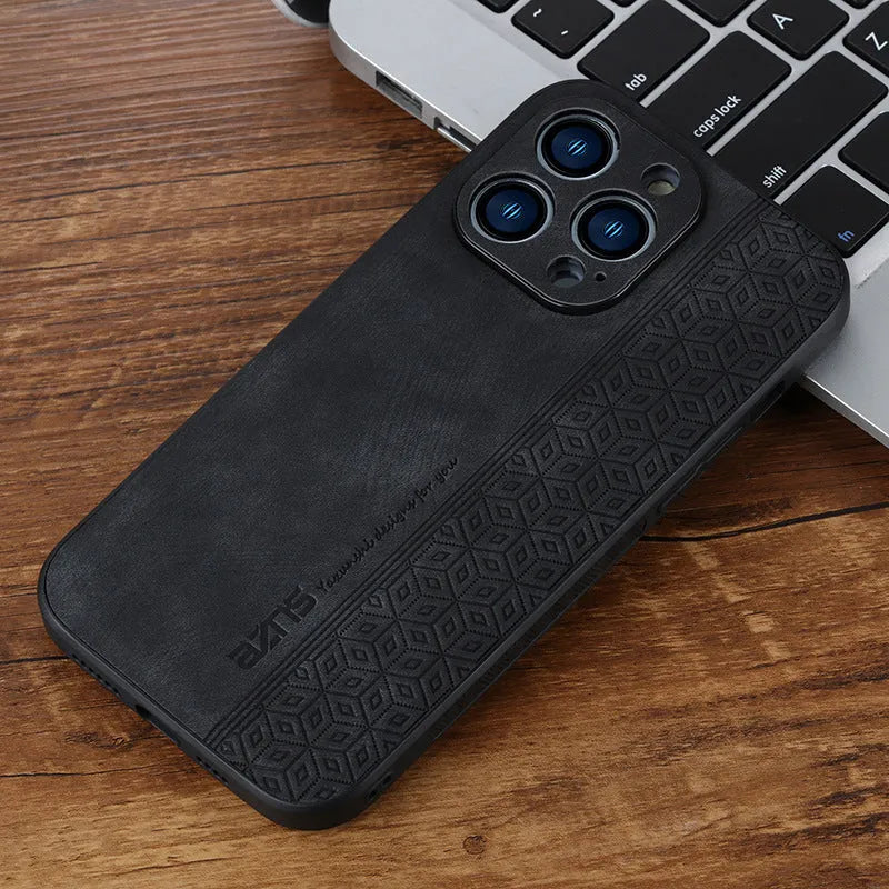 Imitation leather phone case with embossed pattern for Apple iPhone 14 to 17 series in blue